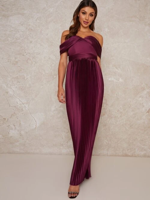 Chi Chi Leonie Drape Bardot Maxi Dress, Purple 1 Chi Chi Leonie Drape Bardot Maxi Dress, Purple