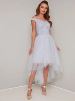 Chi Chi Linnet Lace Tulle Bardot Dress, Pale Blue