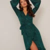 Chi Chi Long Sleeve Animal Print Devore Wrap Dress In Green
