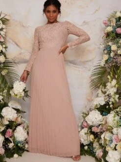 Chi Chi Long Sleeved Lace Maxi Bridesmaid Dress, Pink Blush