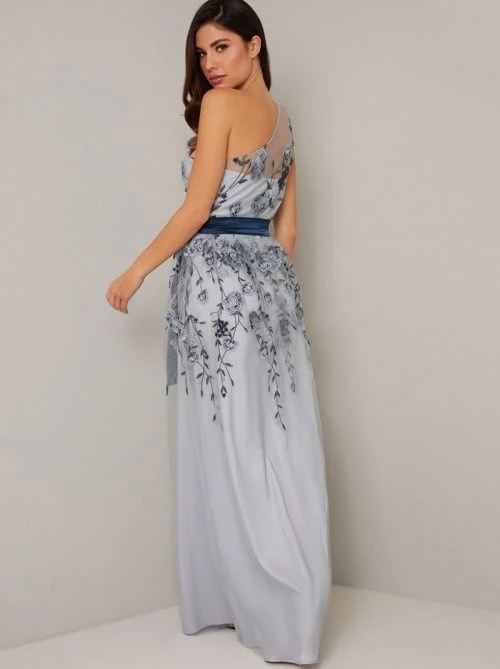 Chi Chi Loretta One Shoulder Floral Embroidered Dress, Light Blue/Multi 2 Chi Chi Loretta One Shoulder Floral Embroidered Dress, Light Blue/Multi - Image 2