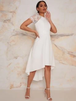 Chi Chi Meara Laced Bridal Dress With Short Sleeves In White