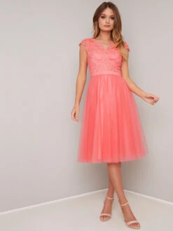 Chi Chi Nika Lace Tulle Dress, Coral