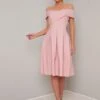 Chi Chi Oceanie Bardot Pleat Dress, Pale Pink/Blush
