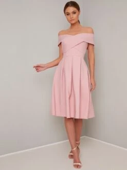 Chi Chi Oceanie Bardot Pleat Dress, Pale Pink/Blush