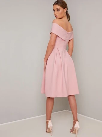 Chi Chi Oceanie Bardot Pleat Dress, Pale Pink/Blush 2 Chi Chi Oceanie Bardot Pleat Dress, Pale Pink/Blush - Image 2