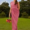 Chi Chi One Shoulder Drape Style Maxi Bridesmaid Dress In Pink