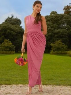 Chi Chi One Shoulder Drape Style Maxi Bridesmaid Dress In Pink