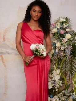 Chi Chi One Shoulder Fitted Satin Bridesmaid Maxi Dress, Fuschia Pink