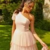 Chi Chi One Shoulder Puff Sleeve Tulle Tiered Mini Dress In Pink Blush