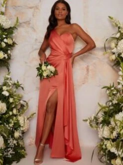 Chi Chi One Shoulder Satin Finish Maxi Bridesmaids Dress In Orange