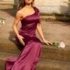 Chi Chi One-Shoulder Satin Maxi Dress In Wine/Berry