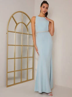 Chi Chi Open Back Diamante Waist Maxi Dress In Light Blue