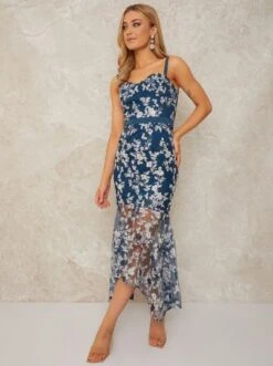 Chi Chi Peplum Embroidered Lace Bodycon Dress In Teal White