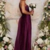 Chi Chi Pleated Satin One Shoulder Bridesmaid Maxi Dress In Berry