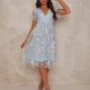 Chi Chi Plunge Neck Embroidered Lace Midi Dress, Light Blue