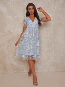 Chi Chi Plunge Neck Embroidered Lace Midi Dress, Light Blue
