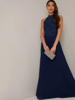 Chi Chi Ricki Pleated Maxi Dress, Navy Blue