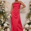 Chi Chi Ruched Satin Bridesmaid Maxi Dress, Fuschia Pink