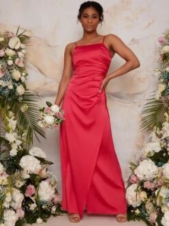 Chi Chi Ruched Satin Bridesmaid Maxi Dress, Fuschia Pink