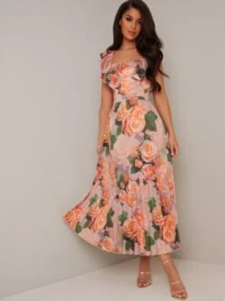 Chi Chi Ruffle Floral Print Midi Dress In Pink/Multi