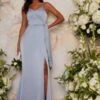 Chi Chi Satin Bridesmaid Wrap Style Maxi Dress In Blue/Lilac