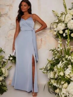 Chi Chi Satin Bridesmaid Wrap Style Maxi Dress In Blue/Lilac