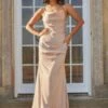 Chi Chi Satin Cami Lace Insert Ruched Maxi Bridesmaid Dress In Champagne