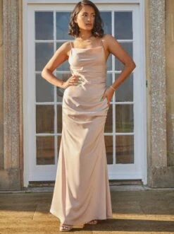 Chi Chi Satin Cami Lace Insert Ruched Maxi Bridesmaid Dress In Champagne