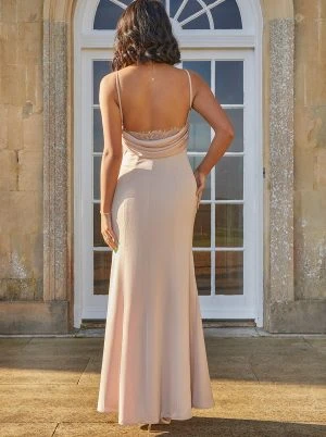 Chi Chi Satin Cami Lace Insert Ruched Maxi Bridesmaid Dress In Champagne 2 Chi Chi Satin Cami Lace Insert Ruched Maxi Bridesmaid Dress In Champagne - Image 2