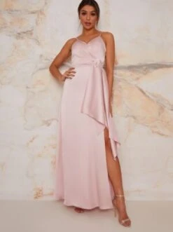 Chi Chi Satin Finish Drape Maxi Dress In Mink/blush Pink