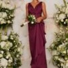 Chi Chi Satin Finish Wrap Detail Maxi Bridesmaid Dress, Berry Red