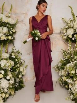 Chi Chi Satin Finish Wrap Detail Maxi Bridesmaid Dress, Berry Red