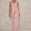 Chi Chi Satin Pleated Wrap Maxi Dress In Pink/Blush