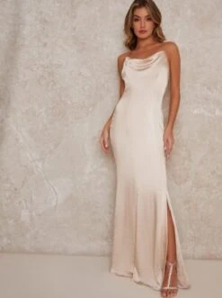 Chi Chi Satin Slip Cowl Neck Maxi Dress In Champagne
