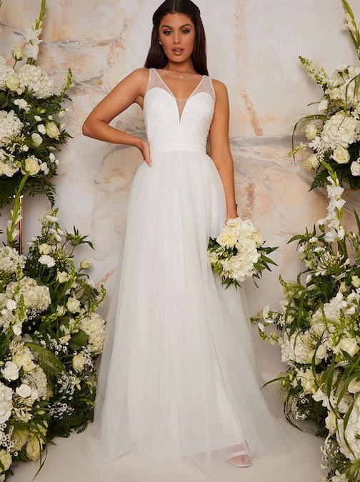 Chi Chi Sequin Bodice Tulle Maxi Wedding Dress In White 1 Chi Chi Sequin Bodice Tulle Maxi Wedding Dress In White