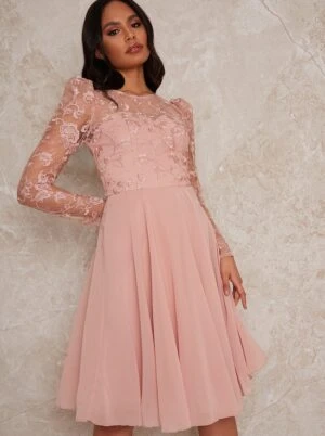 Chi Chi Sheer Long Sleeve Embroidered Skater Dress In Pink Blush 1 Chi Chi Sheer Long Sleeve Embroidered Skater Dress In Pink Blush