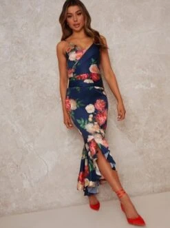 Chi Chi Sleeveless Floral Print Midi Dress, Navy/Multi