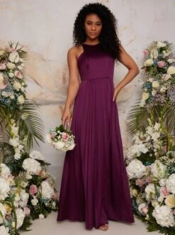 Chi Chi Sleeveless Pleated Satin Bridesmaid Maxi Dress Berry Burgundy