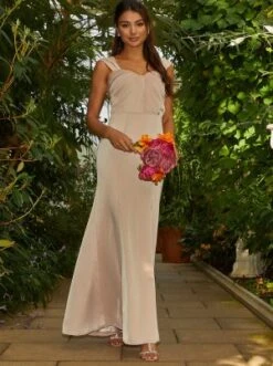 Chi Chi Sweetheart Pleated Bodice Maxi Bridesmaid Dress In Champagne