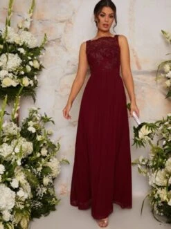 Chi Chi Tiffie Lace Bridesmaid Maxi Dress, Burgundy/Red