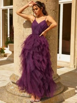 Chi Chi Wrap Front Tulle Maxi Dress In Purple
