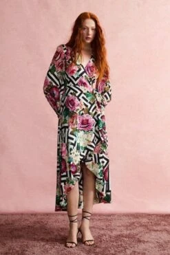 Coast Alexandra Gallagher High Low Wrap Dress, Black/White/Pink