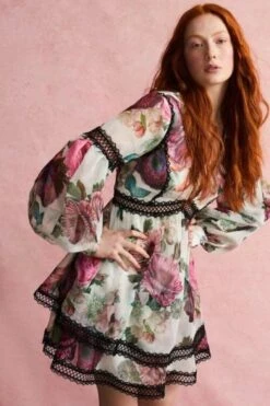 Coast Alexandra Gallagher Lace Trim Blouson Sleeve Mini Dress, White/Black/Pink