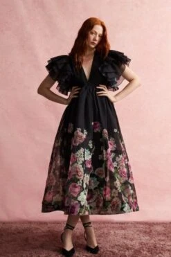 Coast Alexandra Gallagher Mega Ruffle Placement Print Full Skirt Dress, Black/Multi