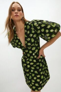 Coast Animal Jacquard Puff Sleeve Mini Dress, Black/Green