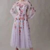 Coast Balloon Sleeve Open Back Floral Embellished Midi Dress, Lilac/Multi