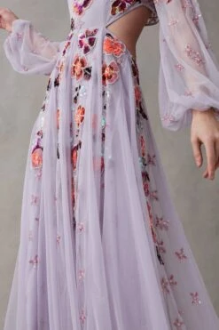 Coast Balloon Sleeve Open Back Floral Embellished Midi Dress, Lilac/Multi -EleganceWear Store coast balloon sleeve open back floral embellished midi dress lilac multi1