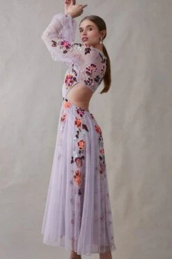 Coast Balloon Sleeve Open Back Floral Embellished Midi Dress, Lilac/Multi -EleganceWear Store coast balloon sleeve open back floral embellished midi dress lilac multi2