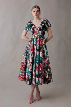 Coast Bardot Midi Dress In Organza With Tie Waist, Black/Red/Multi